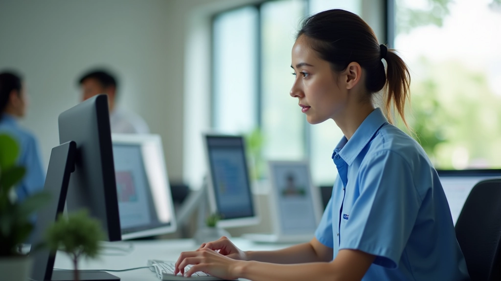 Healthcare receptionist at desk setting up automated scheduling system